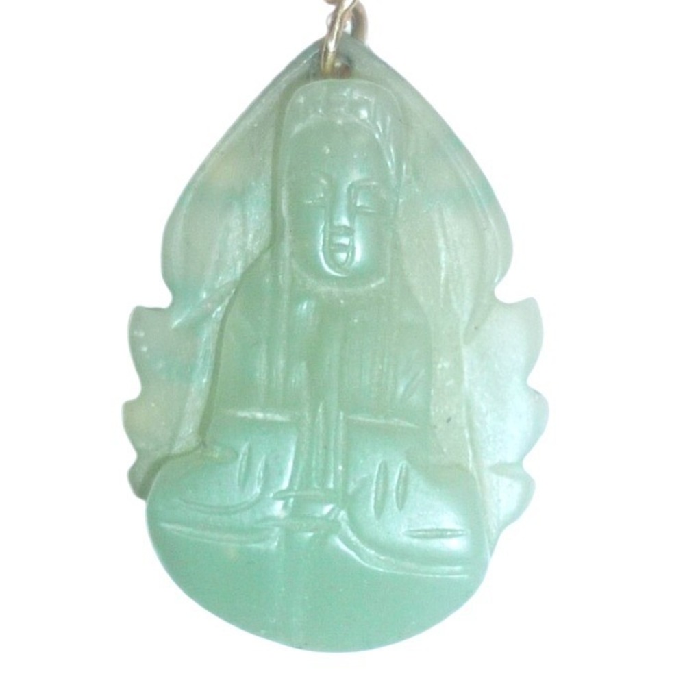 Vintage Hand Carved Green Jade Buddha Guan Yin Pendant Gold Tone Bail 1.25 Inch